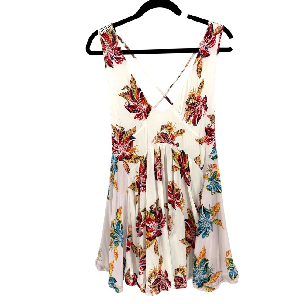Free People Mini Dress Floral Two Tone S White Boho Tropical Strappy Sun Dress